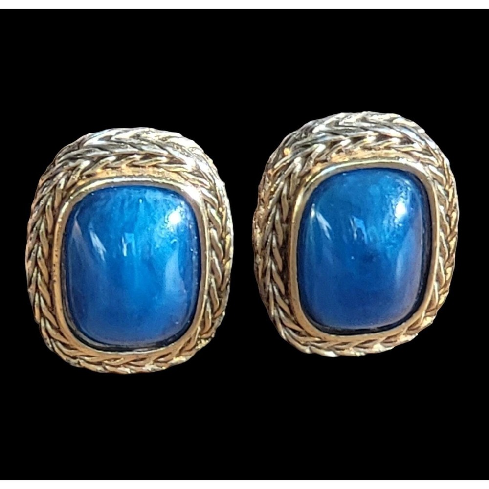 Givenchy Paris Gold Tone Braid Blue Lucite Clip Earrings Signed Y2k Fashion
